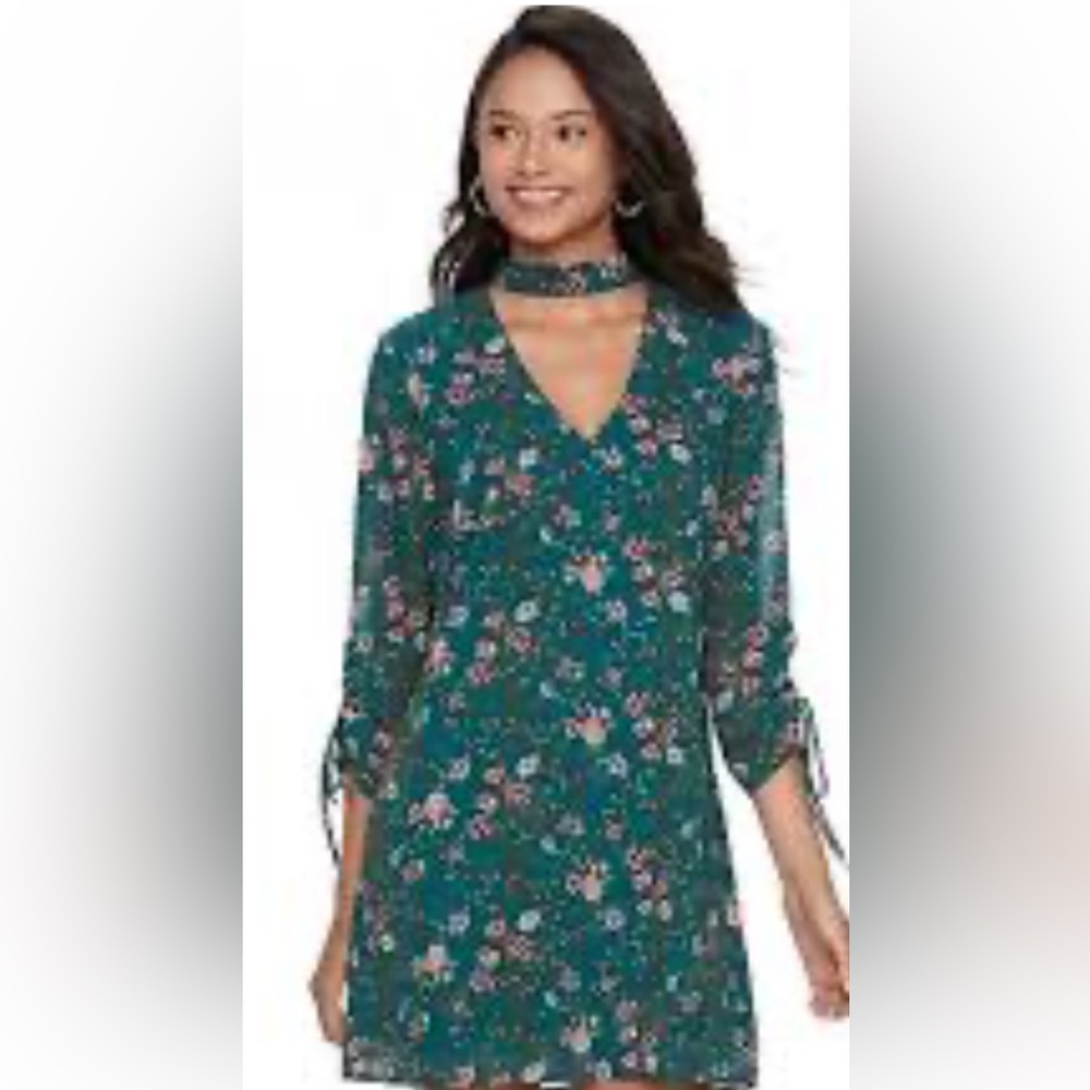 Speechless Tunic Forest Green Floral dress 3/4 Sleeves Sz M